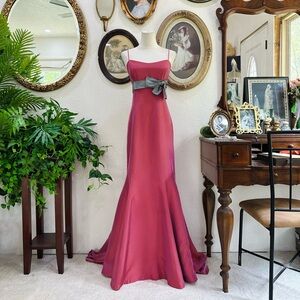 Rose-Mauve Satin Prom Gown with Contrasting Gray Bow